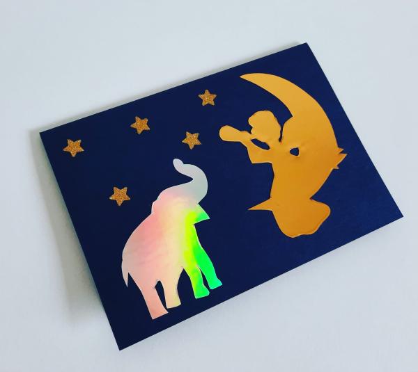 Karte Elefant mit Engel im Mond