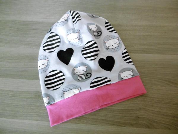 Wendebeanie mit Bündchen Kätzchen mit Herzen 51-53